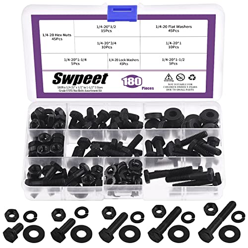 Skruer og Bolter Assortiment Sett | Swpeet 18 deler 1/4-2″ X 1/2″ til 1-1/2″ 5 størrelser svart sinkfinish karbonstål klasse 8 Uss mutterbolter assortert sett, tungt boltmutters og skiver assortert grovgjenger sekskantede hodekapskruer. Skruer og Bolter Assortiment Sett Skruer og Bolter Assortiment Sett