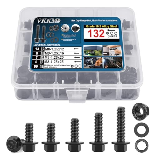 Skruer og Bolter Assortiment Sett | Vkkm 132 stk M8 sekskantflensbolt assortimentssett / Skruer, muttere og skiver / Svart oksid, M8-1.25 x 12/16/20/25 mm, gjenbrukbar oppbevaringsboks med justerbare skillevegger Skruer og Bolter Assortiment Sett Skruer og Bolter Assortiment Sett